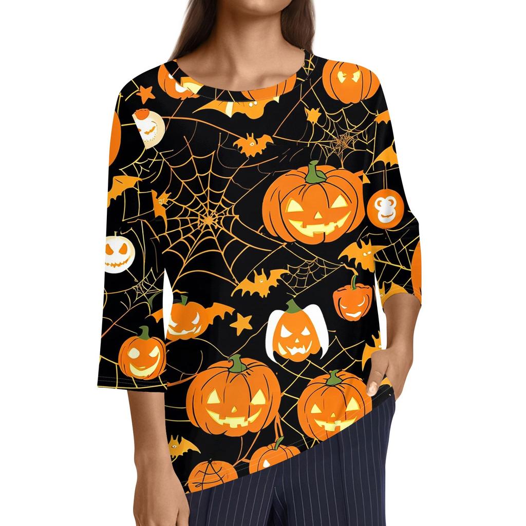 Women's Fashion Casual Three-quarter Sleeve Halloween Printed Round Neck Top
