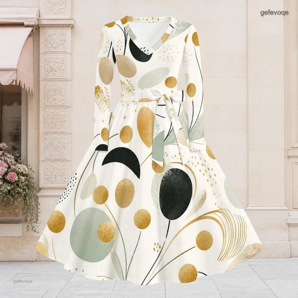 Women Plus Size V Neck Long Sleeve Geometric Printed A Line Flared Dress With Belt