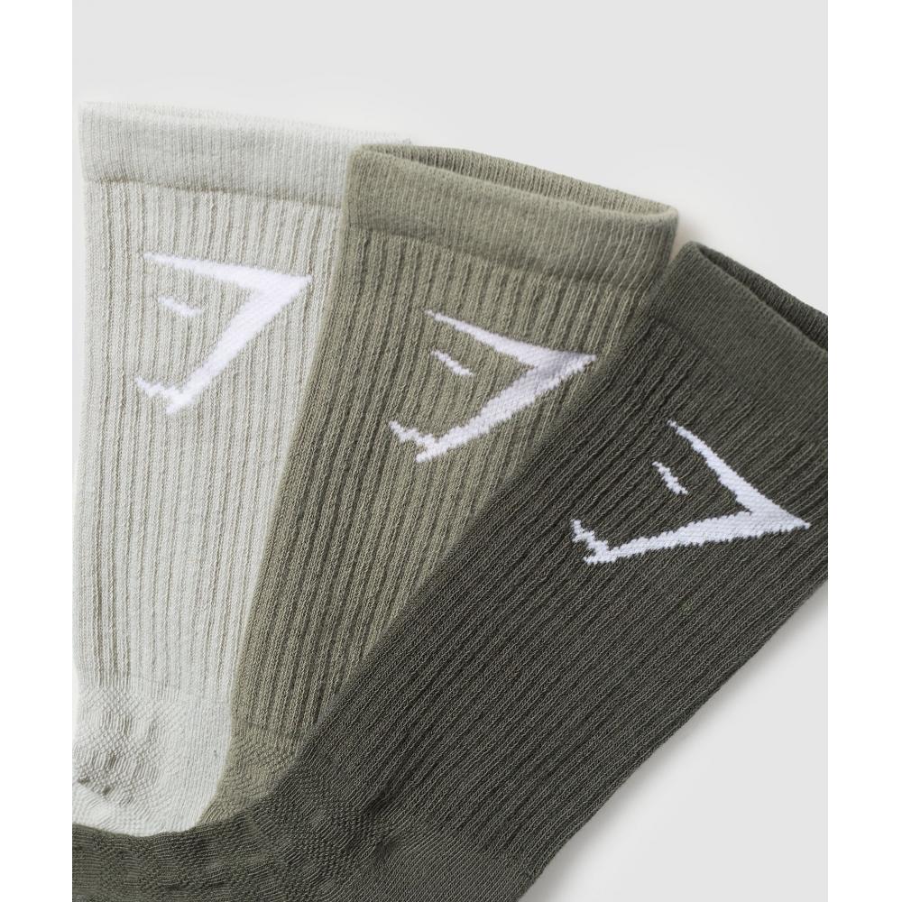 Gymshark Crew Socks 3pk Strength Green Utility Green Stone Grey I3a3p Ec3j