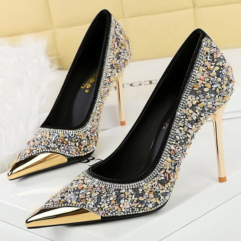 

BIGTREE Shoes Rhinestone shoe upper Women Pumps Stiletto Heels 9.5 cm Metal pointed tip High Heels Luxury crystal Pumps Lady 34