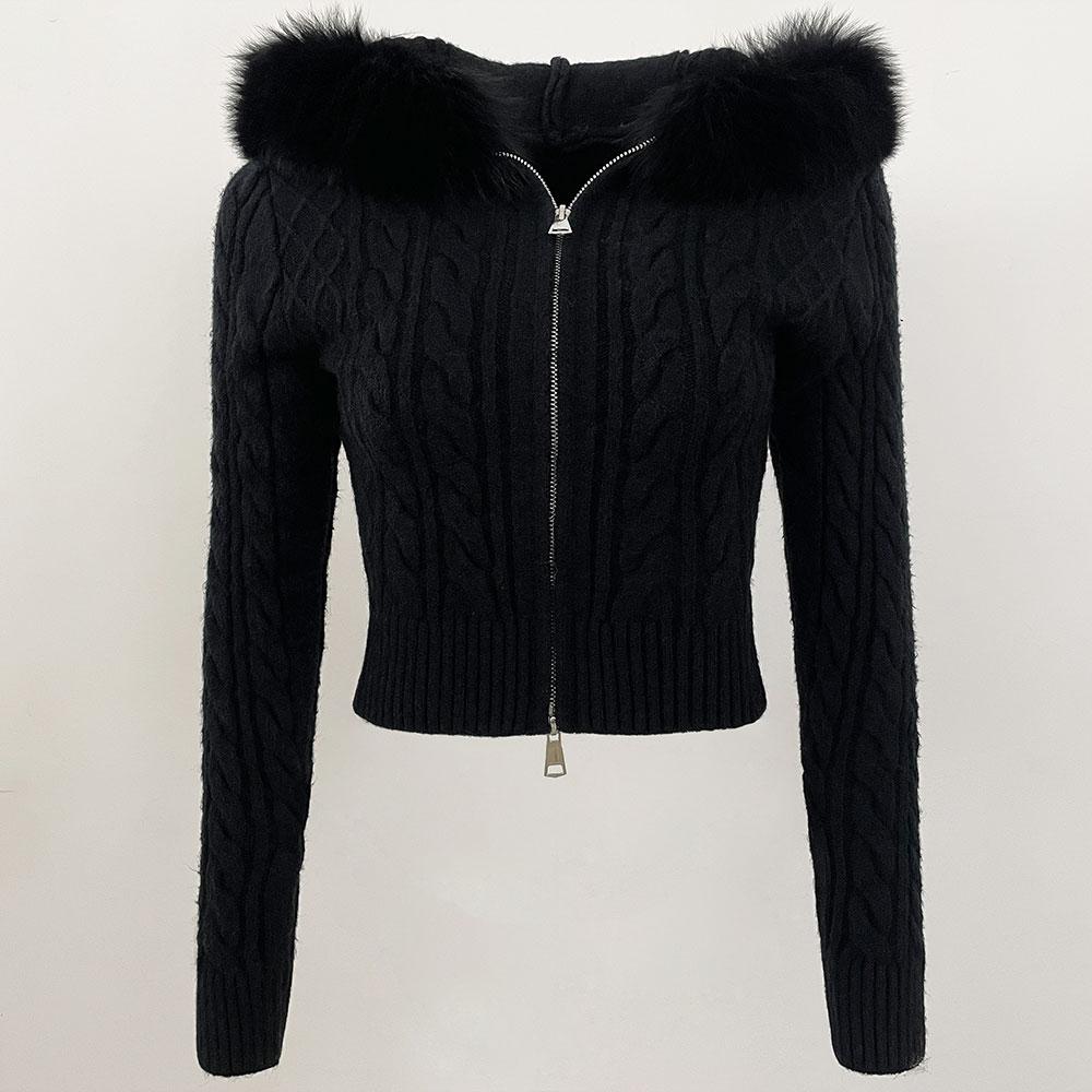 

OFTBUY Мягкое зимнее натуральное лисье меховое осеннее теплое вязаное пальто короткая молния с капюшоном женская куртка повседневный свитер куртка тонкая женская элегантная оптовая продажа чёрный