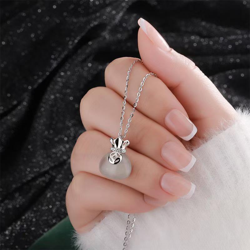 S925 Sterling Silver Chalcedony Necklace - Lucky Bag Design, Fashionable Clavicle Chain, Women's Versatile Chinese Style Holiday Gift