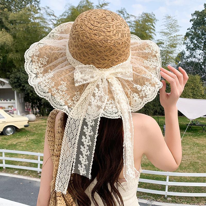 Summer Bow Sun Hat Female, Seaside Beach Vacation Sun Hat Outdoor Big Brim Sun Hat Sweet Straw Hat