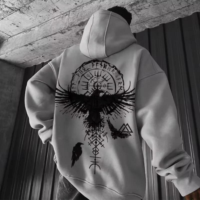 Viking Totem Printed Hooded Sweatshirt Y2K Cotton Hooded Sweatshirt Loose Eagle Pattern Fresh Sport functional Fashionable