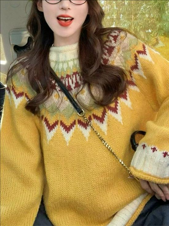 Women's Retro Fair Isle Sweater: Autumn/Winter 2025, Cozy Loose Knitwear, Lazy Style