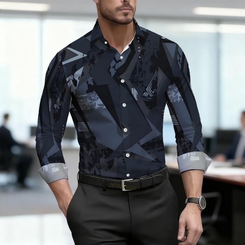 Men's Shirt with Geometric Block Print, Slim Fit, Business Commuting Long Sleeved Shirt, Spring and Autumn Trendy Casual Top