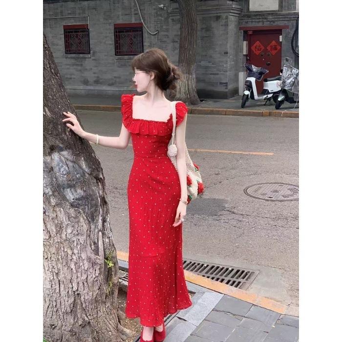 Feifei Sleeve Halter Red Lotus Leaf Edge Polka Dot Square Neck Dress Women's Summer French Gentle Waist Hip Wrap Long Dress