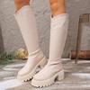 High Stretch Boots Fashion Round Toe Zipper Platform Anti-Slip Wear-Resistant Block Heel Skinny Boots