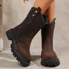 Fashion Bohemia Brown Pu Ankle Boots Women 2025 Autumn Thick Bottom Medium Heel Wrinkled Western Boots Sexy Metal Decoration Booties