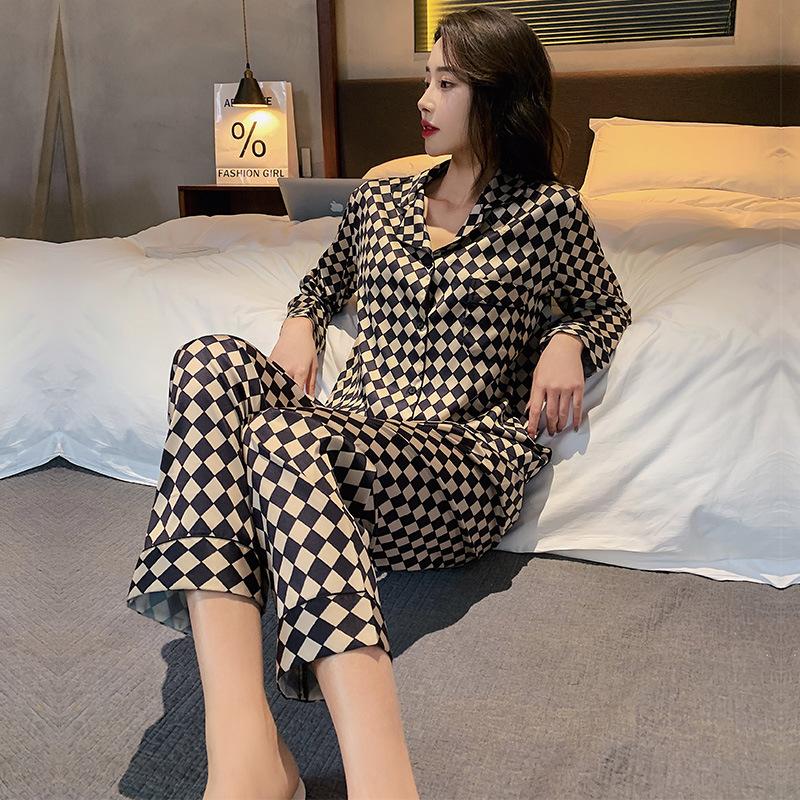 

Couple s Pajama Set Women’s Spring Summer Autumn Ice Silk Plaid Long Sleeve Casual Plus Size Loungewear XXL чорний