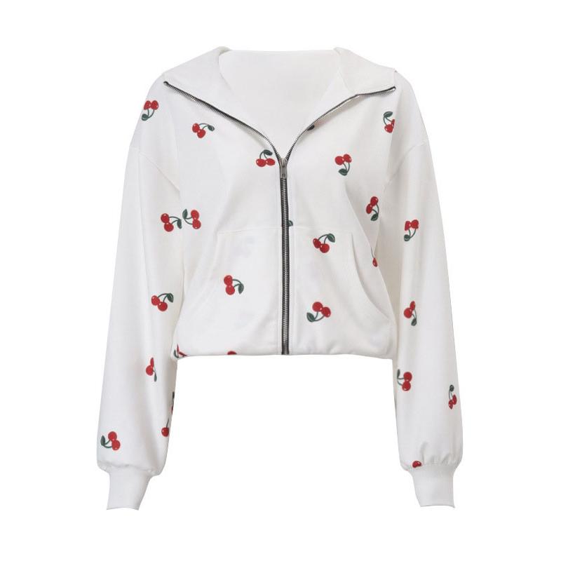 

Женская модная белая толстовка с капюшоном с принтом вишни 2025 года, весна, женская свободная уличная толстовка с длинным рукавом и капюшоном на молнии L