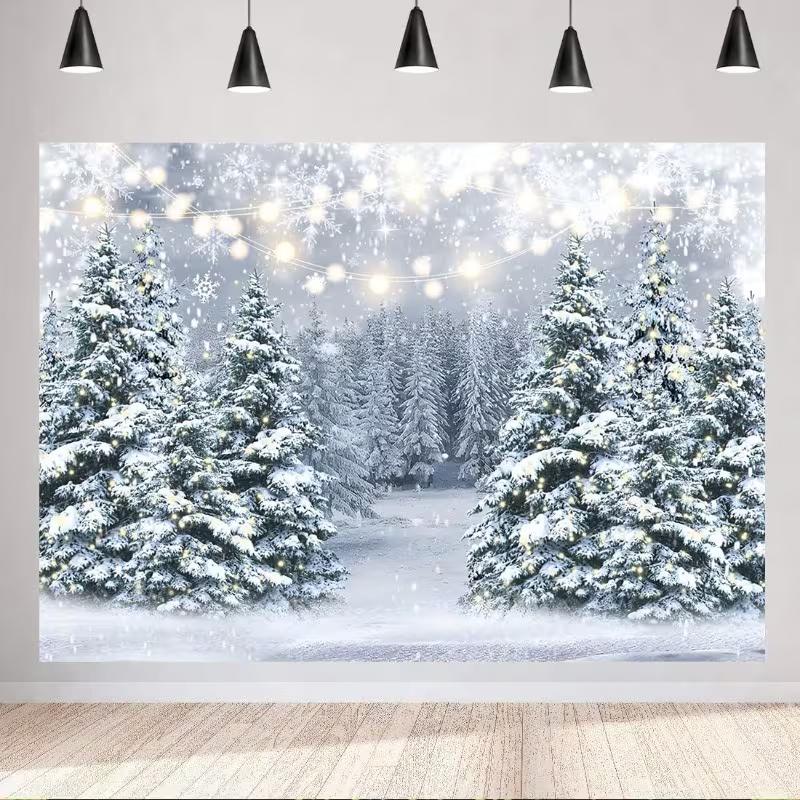 2D Magical Snowy Forest Tapestry, Winter Lights Background for Living Room 47.2x31.5inch/120*80cm
