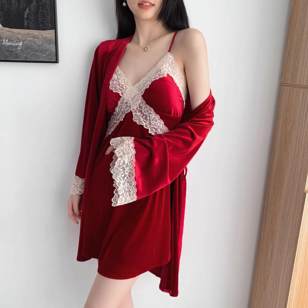 Autumn & Winter Sexy Gold Velvet Pajamas - Women's Lace Camisole Nightdress