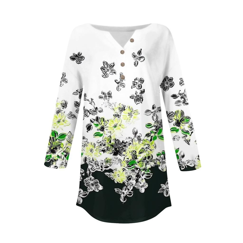 Women's Loose Button Collar Vintage Floral Print Three-quarter Sleeve T-Shirt Shirt