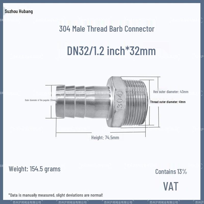 1" Hexagonal Barb Connector, 304 Stainless Steel for Water Pipe Hose, 316 Male Thread Plug