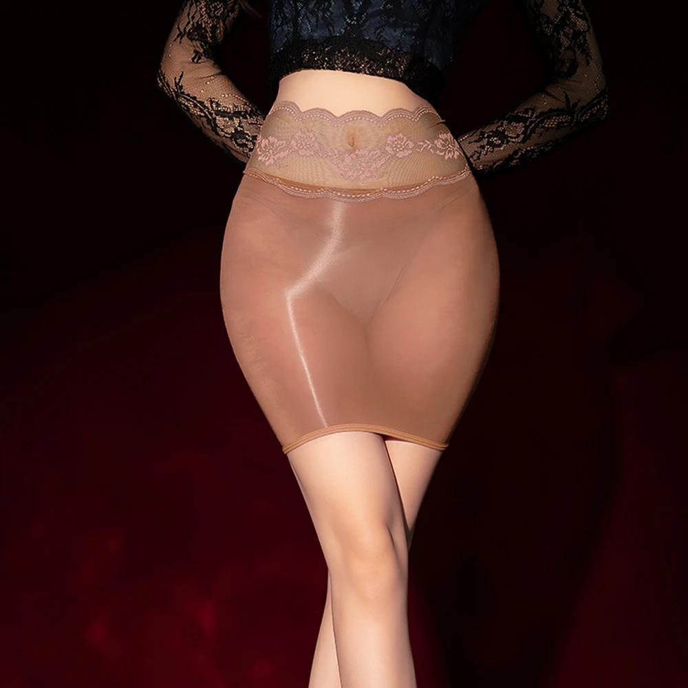 Sexy Lace Waist Women's Mini Skirts Oil Shiny Glossy Sheer Transparent Allure Elastic Pack Hip Micro Skirts Woman Clubwear Dance