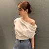 Loose Fit Pullover T Shirt with Asymmetric One Shoulder Design French Style Short Sleeve Solid Color Top for Women