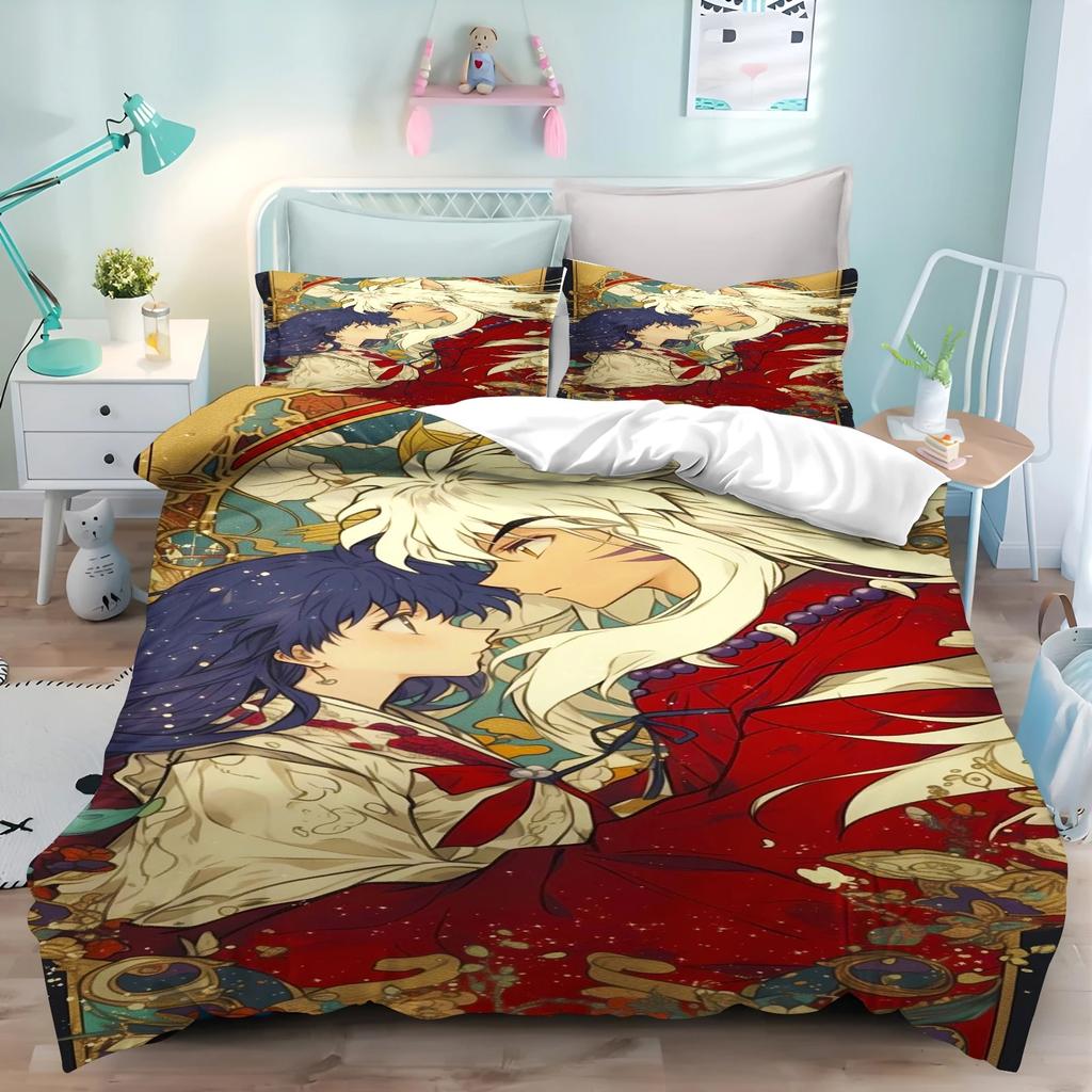 Cartoon Japanese Anime Inuyasha Duvet Cover Set Kawaii Quilt Cover Pillowcase Kids Bedding Set Gifts Suitable for Boys and Girls