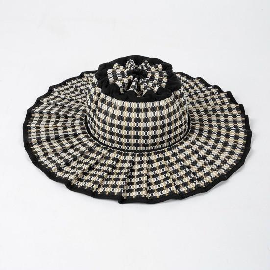 Women Straw Hat Plaid Print Summer Foldable Hat Wide Brim UV Protection Lightweight Breathable Beach Sun Hat