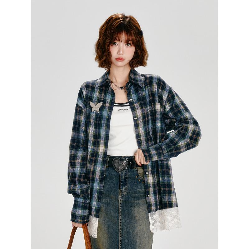 Plaid Lace Women Shirt Long Sleeved Patchwork New Blouse Autumn Loose American Style Woman Trendy Shirts
