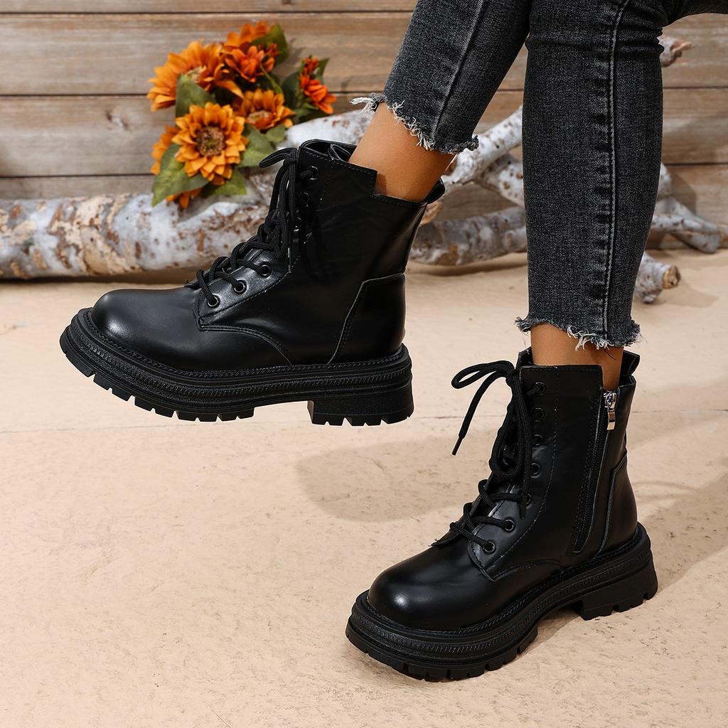 Fashion Warm Motorcycle Boots Women Lace-Up Plush Winter Ankle Boots Woman Black Beige Comfortable Flat Heel Cotton Boots
