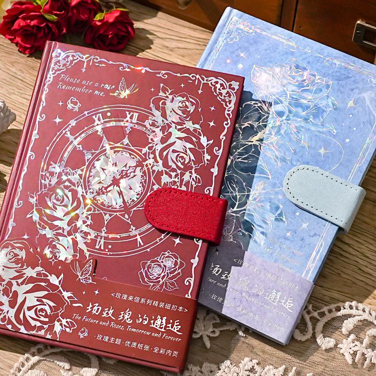 Rose Butterfly Laser Stamped Notebook with Magnetic Buckle - Retro Style Student Diary