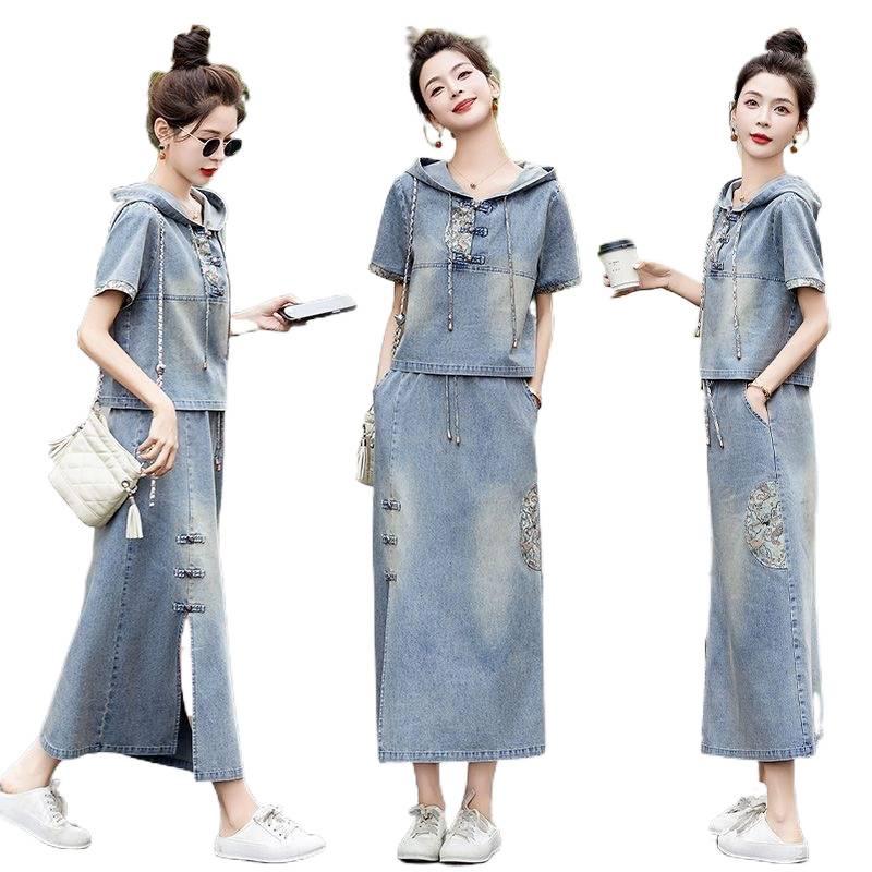 Conjunto de Saia Jeans com Capuz Bordada Chinesa Retrô para Mulheres - Verão 2026