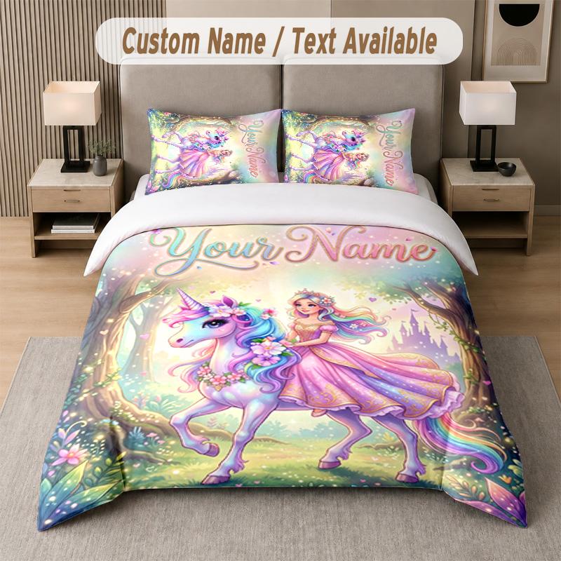 Unicorn Theme Custom Text Or Name 3Pcs Bedding Set 1 Flat Sheet & 2 Pillowcases Personalized Home Bedding