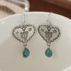 Bohemian Style Hand Carved Synthetic Turquoise Inlaid Heart-shape Dangle Earrings Women Charm Silvery Plated Jewelry Accessories