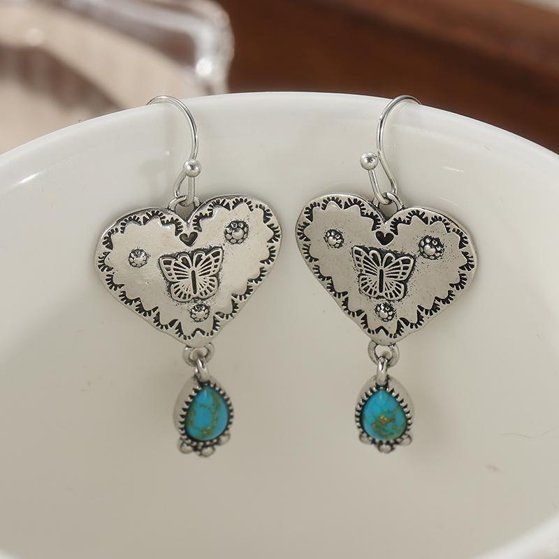 Bohemian Style Hand Carved Synthetic Turquoise Inlaid Heart-shape Dangle Earrings Women Charm Silvery Plated Jewelry Accessories