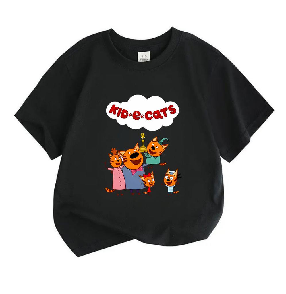 Kids Boys Girls 100% Cotton Crew Neck Short Sleeve T-Shirt, Cute Orange Cat Family Kidecats Pattern Casual Breathable Soft Tee Top for Daily Play Scho