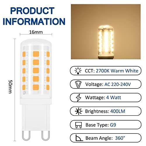 Ampoule G9 LED 4W Blanc Chaud 2700K, 400LM, Équivalent Halogène G9 40W 33W, 360 Degrés, AC 230V, LED Lampe G9 Chaud pour Applique