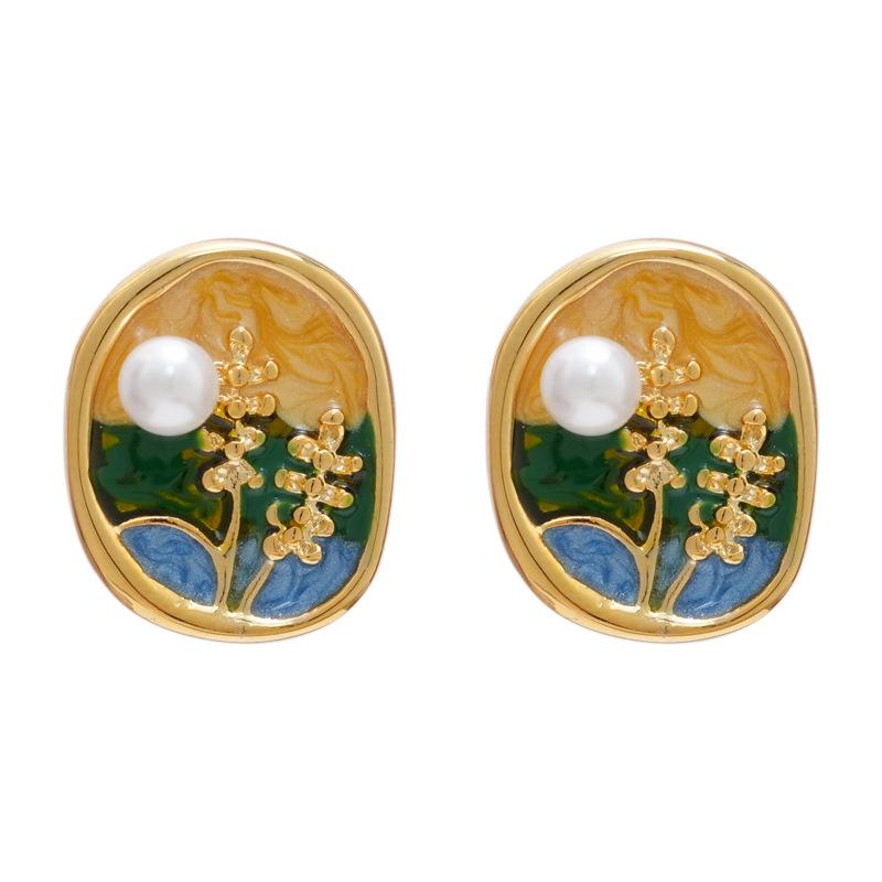 Women's Retro Enamel Drip Oil Wheat Ear Earrings - High-End, Unique Design