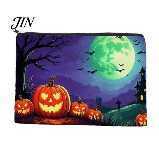 Portable Zippered Pouch Halloween Storage Bag, with Pumpkin Ghost Pattern Design, Thickened Wear Resistant Canvas Bag Cosmetic Organizer, for