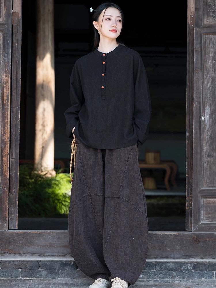 Women's Cotton Linen Zen Meditation Suit with Frog Button Shirt