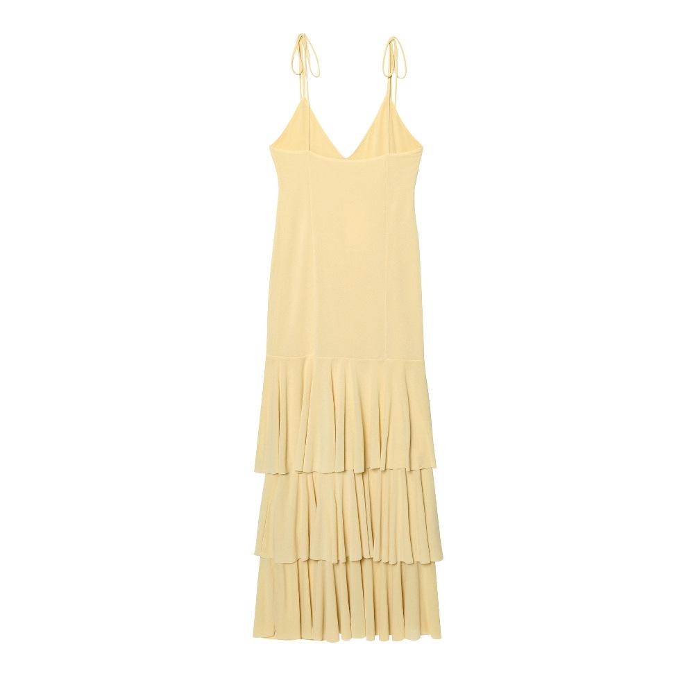 New European and American style slim and thin V-neck suspender sexy backless laminated decorative Midi dress