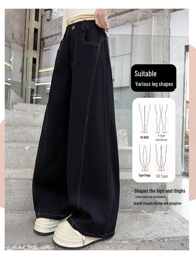 Girls' Wide-Leg Jeans - Fashionable Autumn Scimitar Pants for Middle Schoolers.