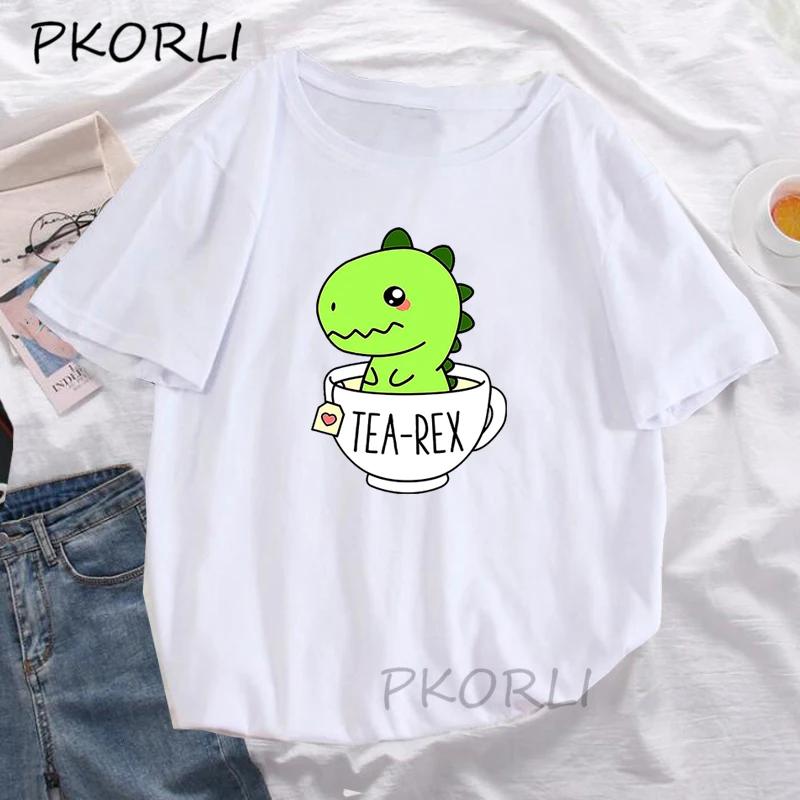 Cute Tea-Rex T-Shirt Women Funny Cartoon Dinosaur T Shirt Female Cotton Short Sleeve Kawaii Clothes Dino Tea Graphic Tee Shirt