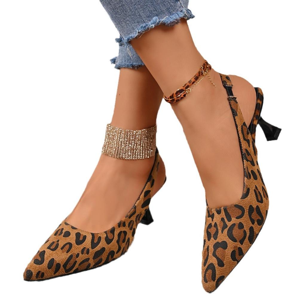 French Large Size Stiletto Sandals Women's Spring and Autumn Pointed Head Light Mouth Word with Leopard Print Fashion Sandals