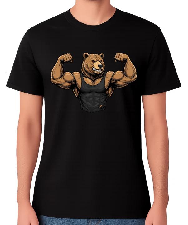 Muscle Bear Bodybuilder Flexing T-Shirt Funny Gym Top Animal Biceps Graphic Tee L