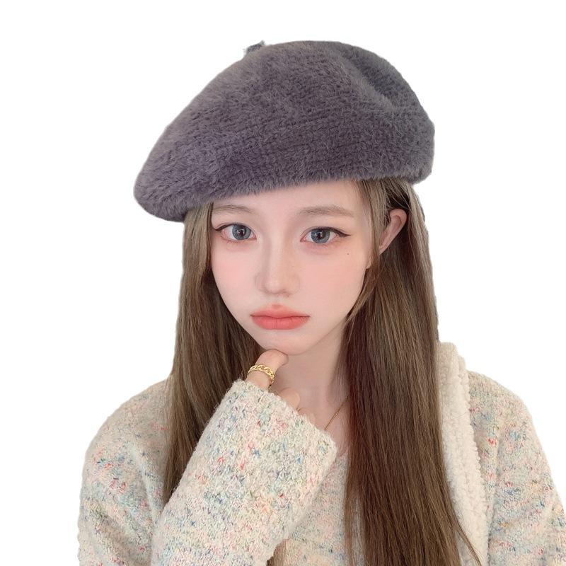 Autumn and Winter New Hat Women's Imitation Mink Beret Winter Warm Painter Hat Literary Retro Pumpkin Hat Tide