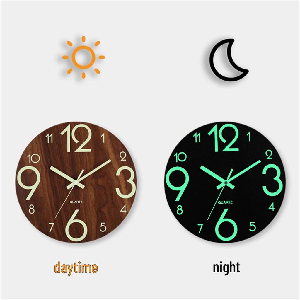 8" Silent Luminous Wall Clock, Wood Grain MDF, Fluorescent Quartz Clock