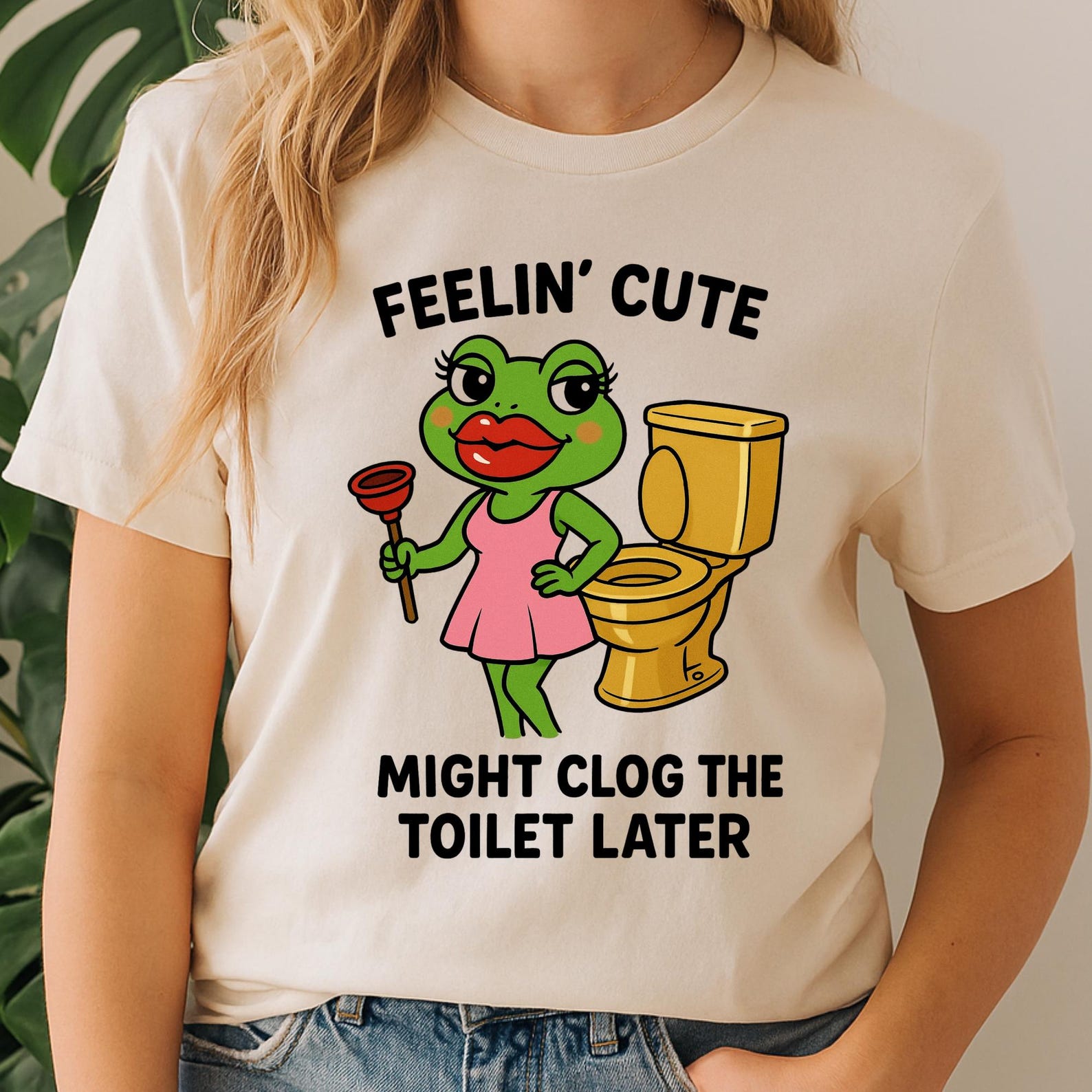 Funny Frog Toilet Humor Shirt • “Feelin’ Cute Might Clog the Toilet Later” • Cute Cartoon Frog Plunger Tee • Silly Kawaii Bathroom Meme. 3XL