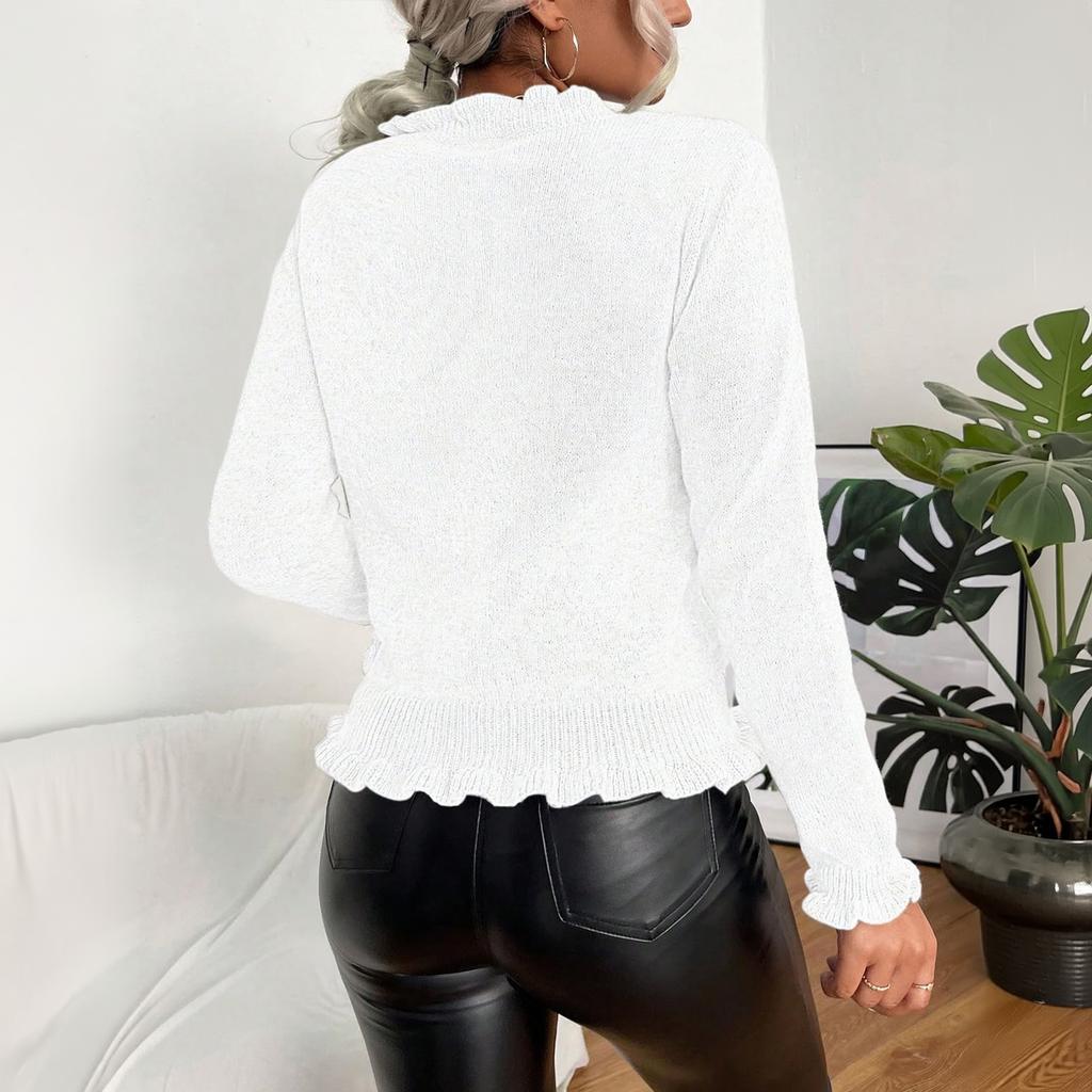 Women's Elegant Color Long Sleeve Cardigan Sweater with Ruffle Trim Button Front