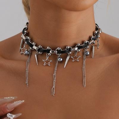Y2K Střapce Nýtovaný Choker Náhrdelník pro Ženy Hvězdy Korálky Hiphop Punk Styl Vintage Šperky Hyperbola Obojek Doplňky