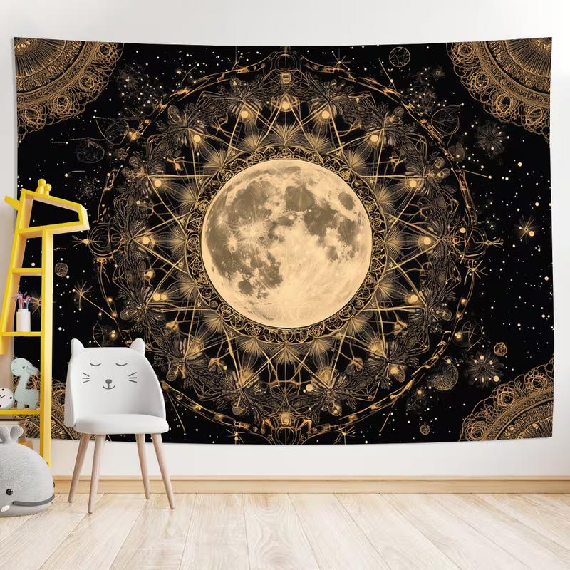 2D Black Gold Celestial Moon Tapestry Astrology Constellation Wall Hanging Backdrop