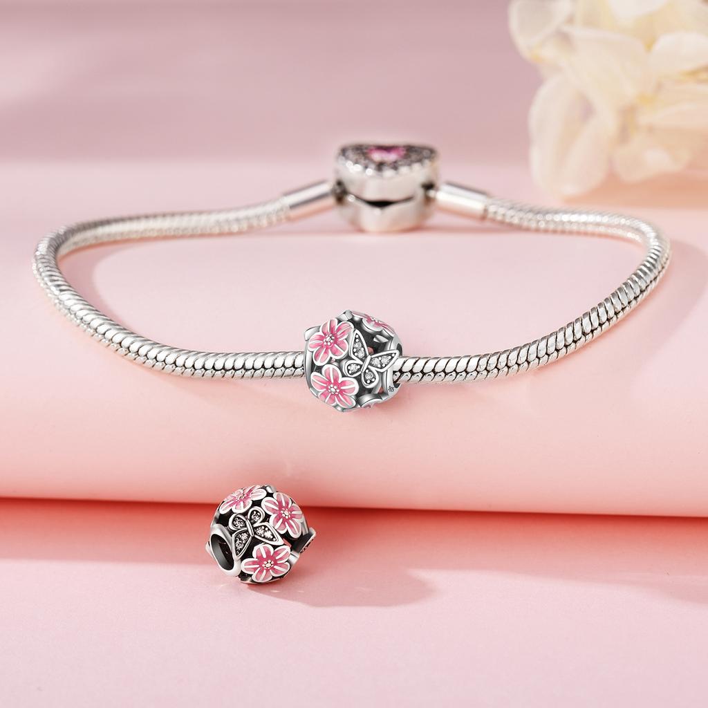 Original Copper Charms Luxury Pink Flowers Butterflies Insects Beads Beads Fit Bracelet Diy Women Delicate Gift