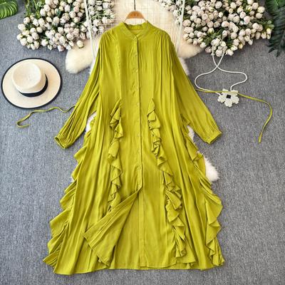 Gentle Style Temperament Bubble Sleeves Stand Up Collar Cinched Waist A-line Ruffle Edge Chiffon Dress Elegant Large Swing Long Dresses