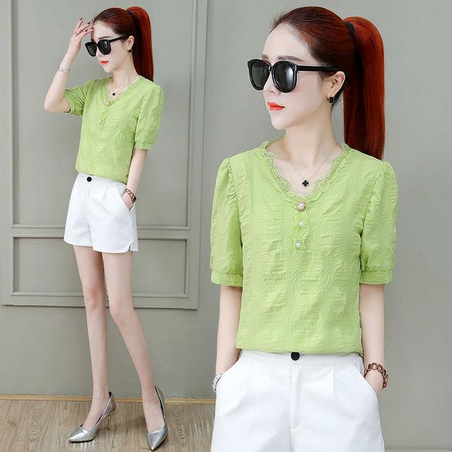 

Модная шифоновая рубашка с коротким рукавом, женская летняя новая корейская блузка с v-образным вырезом, однотонная блузка M-3XL XXXL зелёный