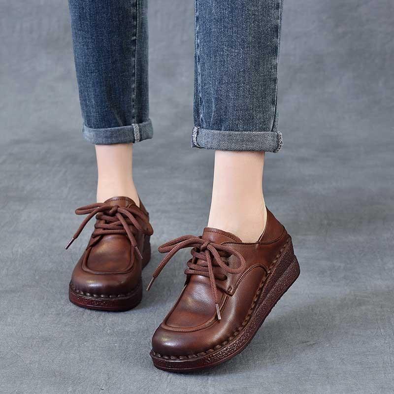 Johnature Genuine Leather Wedges Shoes Versatile Comfortable Soft Soled Lace-up Four Seasons Shoes